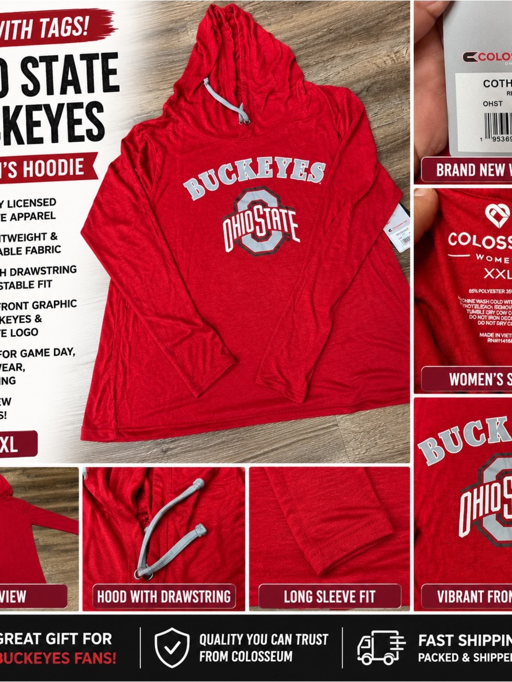 Colosseum Red Ohio State Buckeyes Hooded Long-Sleeve